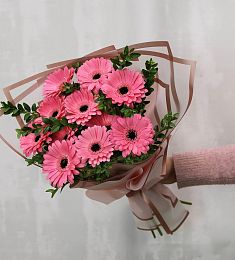 Букет из 11 розовых гербер с фисташкой 