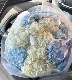 Букет "Небесный взгляд" из 9 королевских гортензий в оформлении