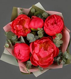 Букет из 5 красных пионов с эвкалиптом