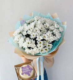 Сет "Превосходство" букет хризантем и бенто тортик