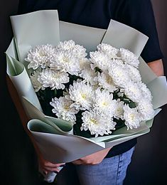 5 белых кустовых хризантем балтика в оформлении