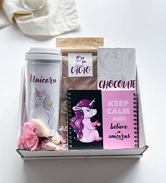 Подарочный бокс "boom" термостакан, блокнот и вкусняшки для любителей единорогов