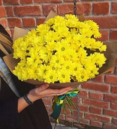 Букет из 9 желтых кустовых хризантем в оформлении